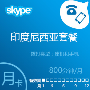 点击购买Skype印度尼西亚套餐800分钟包月充值卡