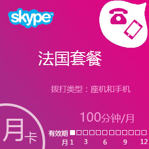 点击购买Skype法国套餐100分钟包月充值卡